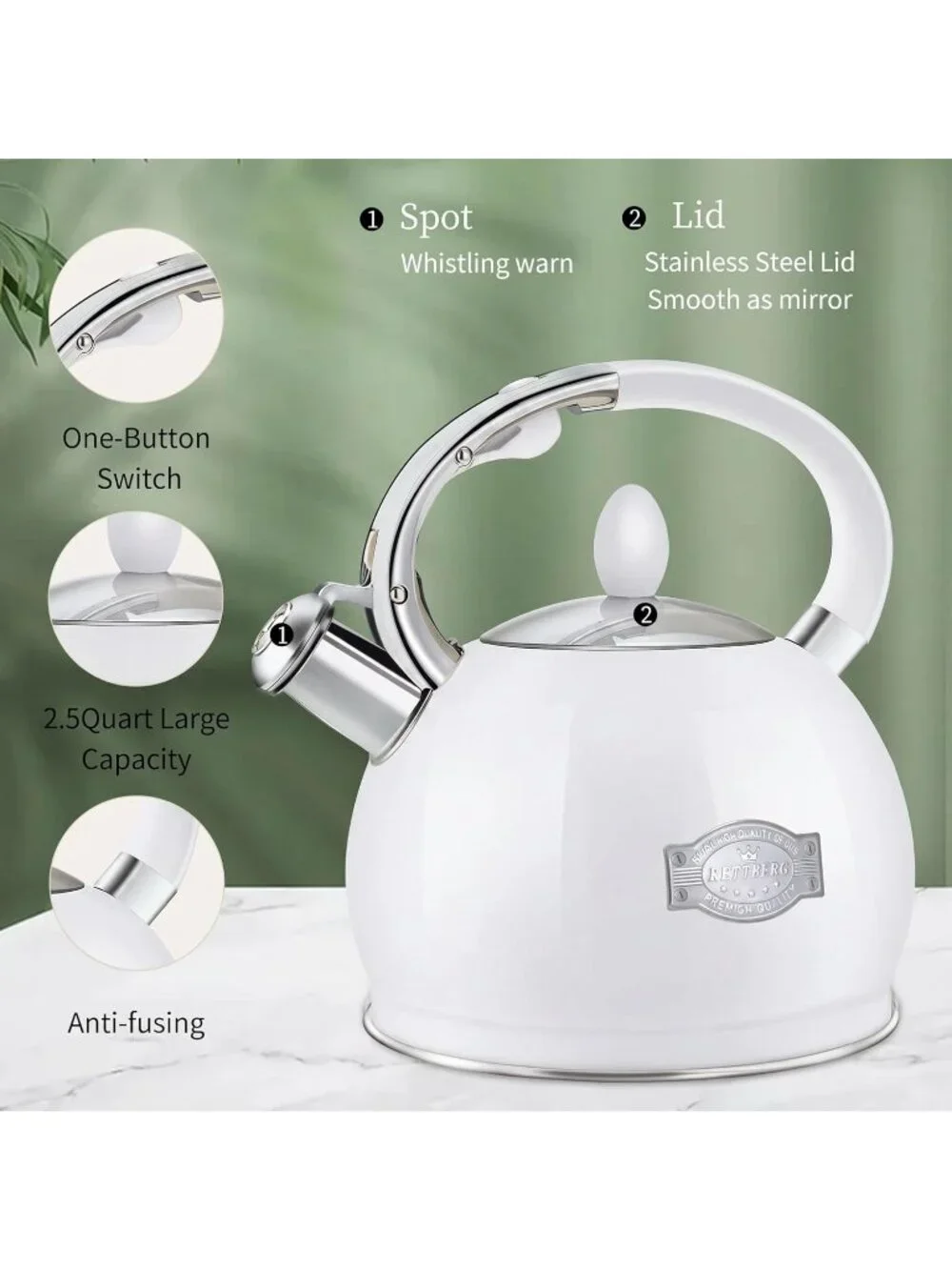 White Whistling 2.64QuartT Stainless Steel with Cool Touch Handle Tea kettles